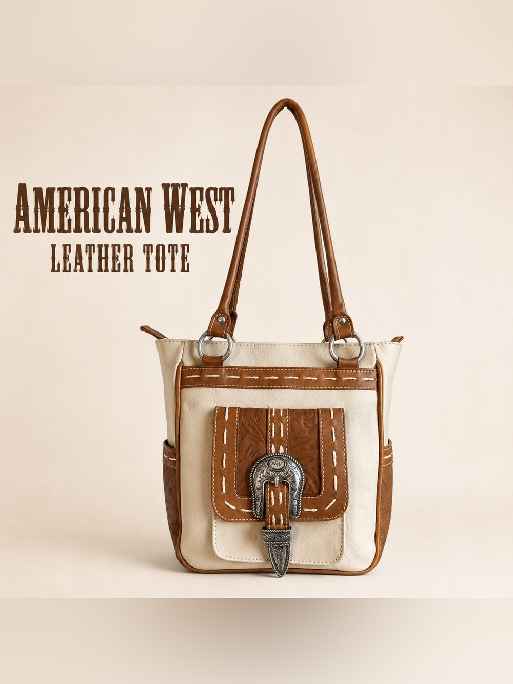 American West Cream and Tan Leather Tote with Western Buckle